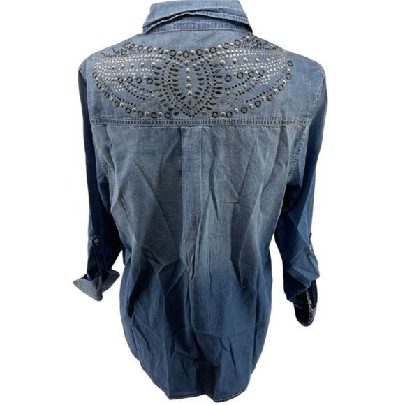 Christopher & Banks XL Western Blue Beaded Detail Shirt Roll Tab Sleeve - Picture 2 of 8